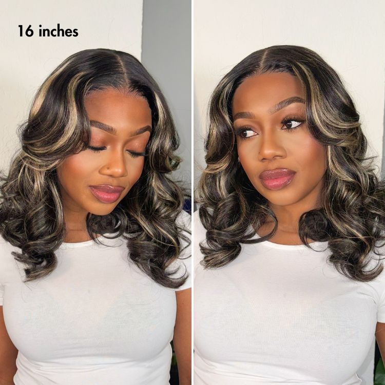 Curtain Bangs Blonde Highlight Loose Wave Glueless 5x5 Closure Pre-Cut Lace Wig All Head Sizes Fit Cap  - US Only