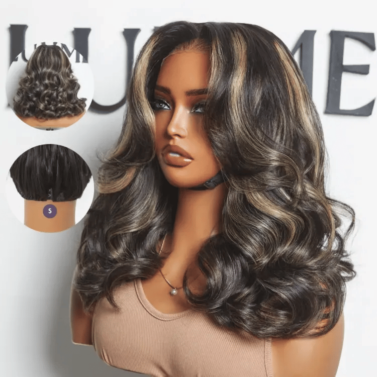 Curtain Bangs Blonde Highlight Loose Wave Glueless 5x5 Closure Pre-Cut Lace Wig All Head Sizes Fit Cap  - US Only