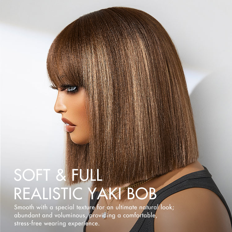 New Customers Only | Ash Blonde Highlights Yaki Blunt Cut Bob Wig with Bangs Glueless Minimalist Lace Short Wig Breathable Cap