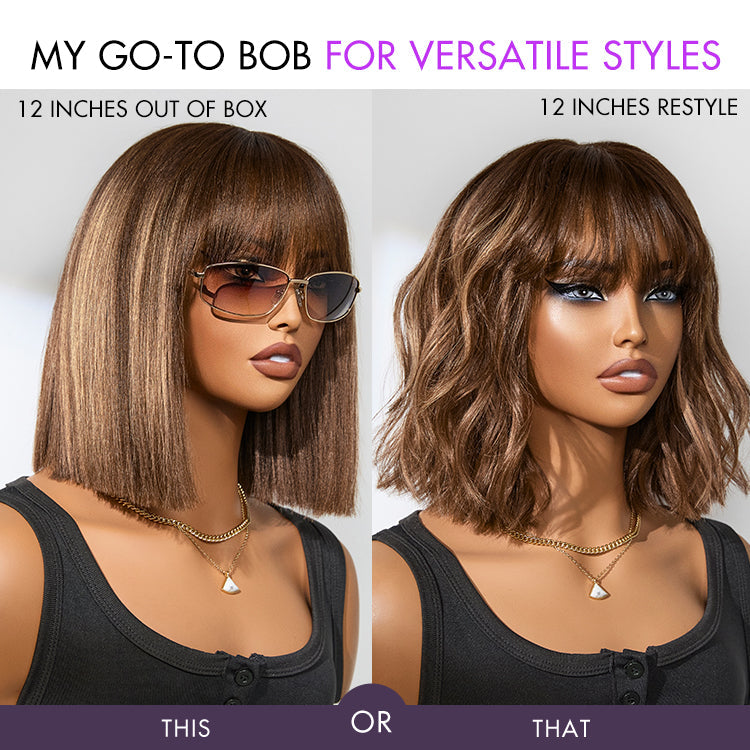 Ash Blonde Highlights with Dark Brown Base Yaki Blunt Cut Bob Wig with Bangs Glueless Minimalist Lace Short Wig
