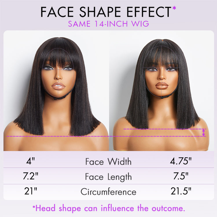 Ash Blonde Highlights with Dark Brown Base Yaki Blunt Cut Bob Wig with Bangs Glueless Minimalist Lace Short Wig