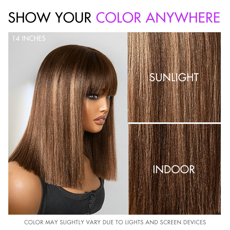 Ash Blonde Highlights with Dark Brown Base Yaki Blunt Cut Bob Wig with Bangs Glueless Minimalist Lace Short Wig