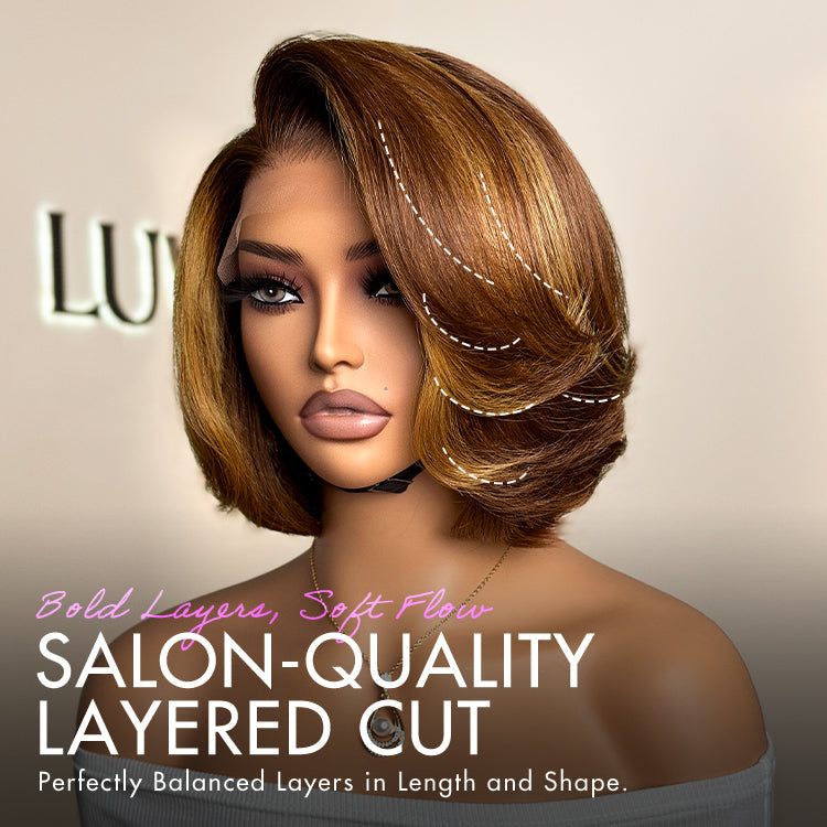 New Customers Only | Toffee Brown Mix Blonde Layered Cut Glueless 5x5 Closure Lace Bob Wig Pre-cut Lace All-Day Comfort Cap