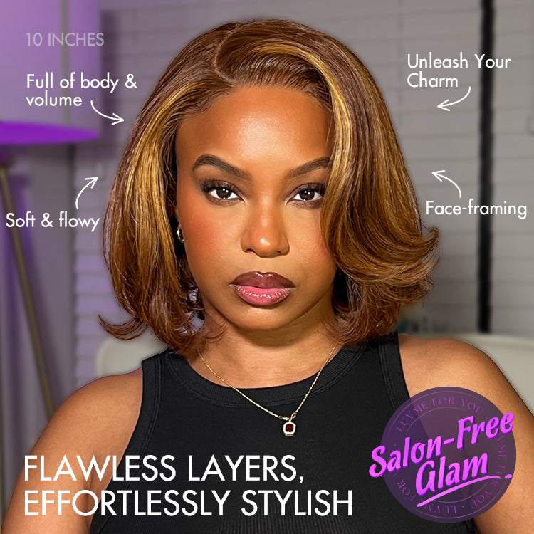 New Customers Only | Limited Design | Toffee Brown Mix Blonde / Natural Black Layered Cut Glueless 5x5 Closure Lace Bob Wig