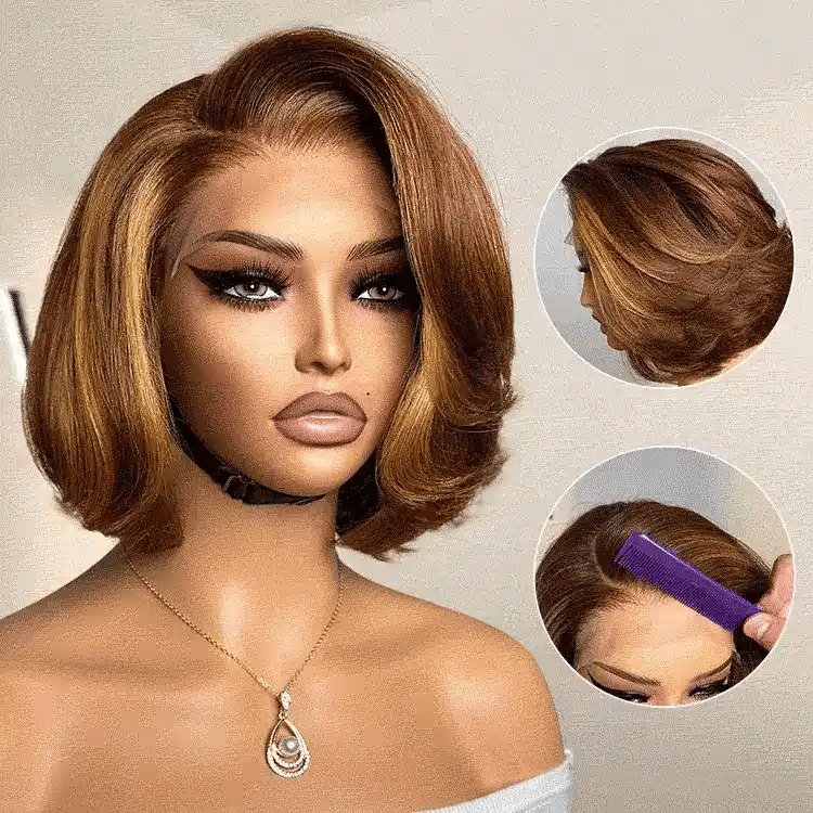 New Customers Only | Toffee Brown Mix Blonde Layered Cut Glueless 5x5 Closure Lace Bob Wig Pre-cut Lace All-Day Comfort Cap