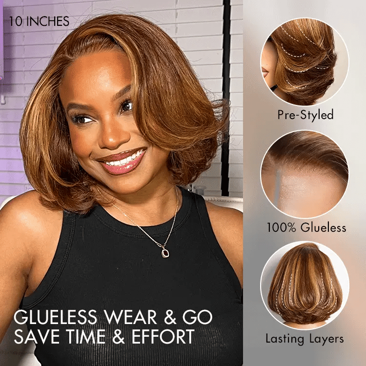 Toffee Brown Mix Blonde / Brown Highlight Layered Cut Glueless 5x5 Closure Lace Bob Wig Pre-cut Lace All-Day Comfort Cap