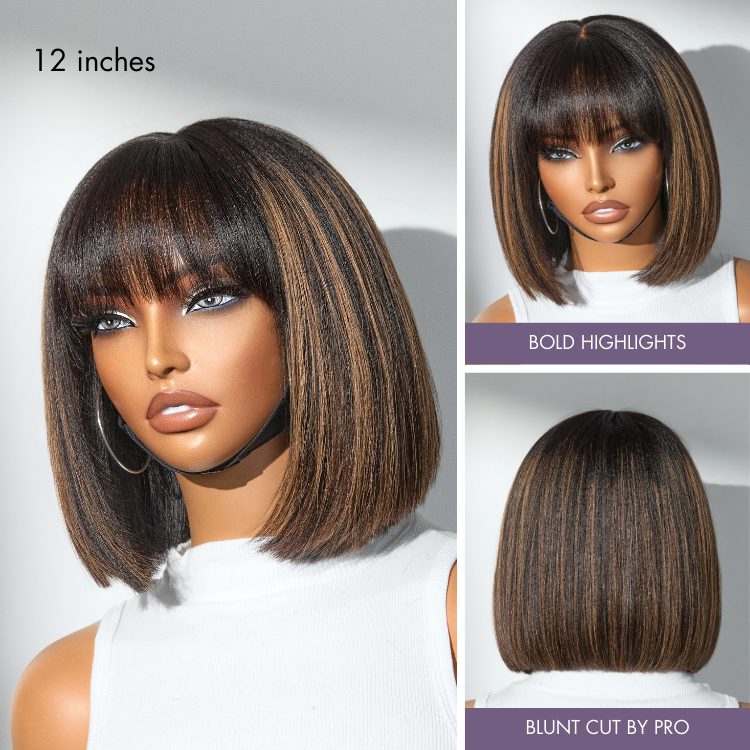 New Customers Only | Put On and Go Realistic Glueless Yaki Straight Bob with Bangs Minimalist Lace Wig 100% Human Hair