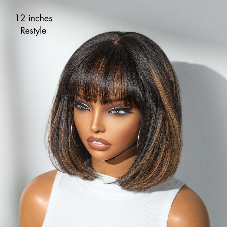 New Customers Only | Put On and Go Realistic Glueless Yaki Straight Bob with Bangs Minimalist Lace Wig 100% Human Hair