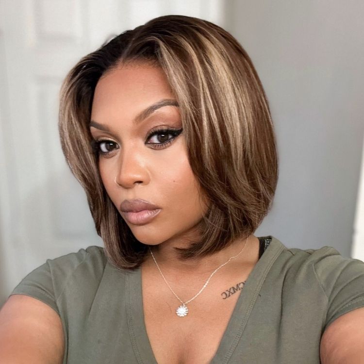 New Customers Only | Blonde Highlight / Brown Highlight Short Layered Bob Wig Glueless 5x5 Closure Pre-Cut Lace Wig