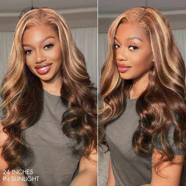 Honey Golden blonde / Natural Black Loose Body Wave Glueless 13x4 Lace Front Wig 100% Human Hair