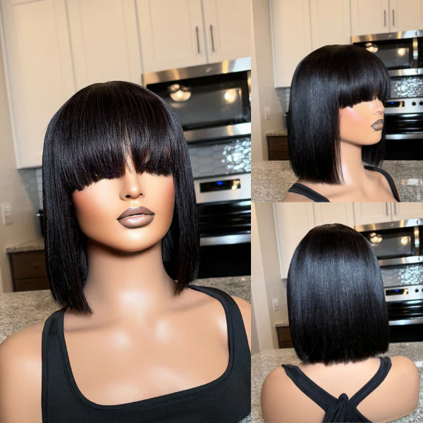 Exclusive Discount | Put On and Go Realistic Glueless Yaki Straight Bob With Bangs Minimalist Lace Wig 100% Human Hair