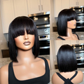 Exclusive Discount | Put On and Go Realistic Glueless Yaki Straight Bob With Bangs Minimalist Lace Wig 100% Human Hair