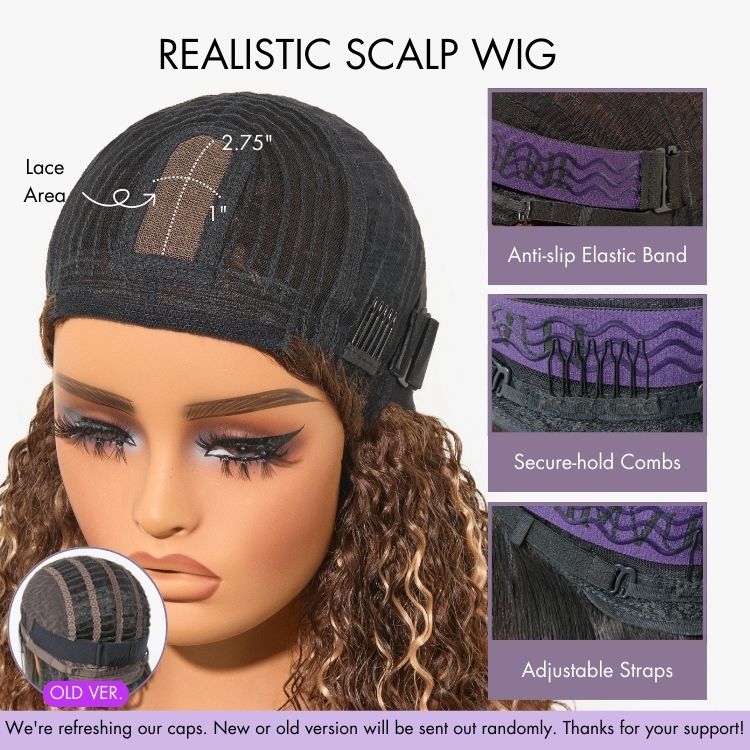 1 SEC INSTALL WIG | Brown Highlight / Natural Black Water Wave Natural Scalp Glueless Minimalist Lace Short Curly Wig with Bangs