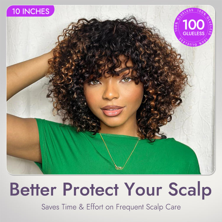 1 SEC INSTALL WIG | Brown Highlight / Natural Black Water Wave Natural Scalp Glueless Minimalist Lace Short Curly Wig with Bangs