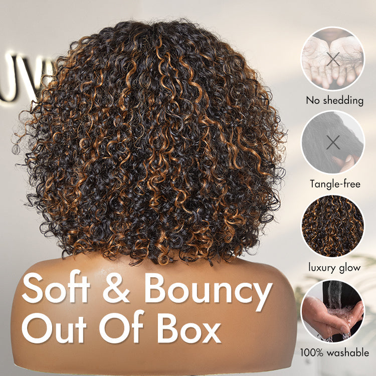 1 SEC INSTALL WIG | Brown Highlight / Natural Black Water Wave Natural Scalp Glueless Minimalist Lace Short Curly Wig with Bangs