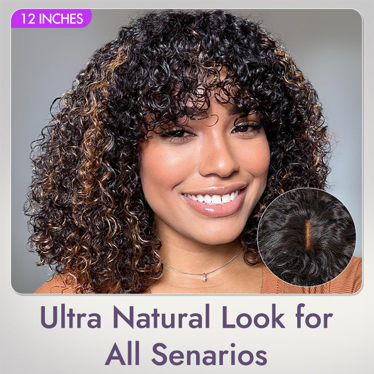 1 SEC INSTALL WIG | Brown Highlight / Natural Black Water Wave Natural Scalp Glueless Minimalist Lace Short Curly Wig with Bangs
