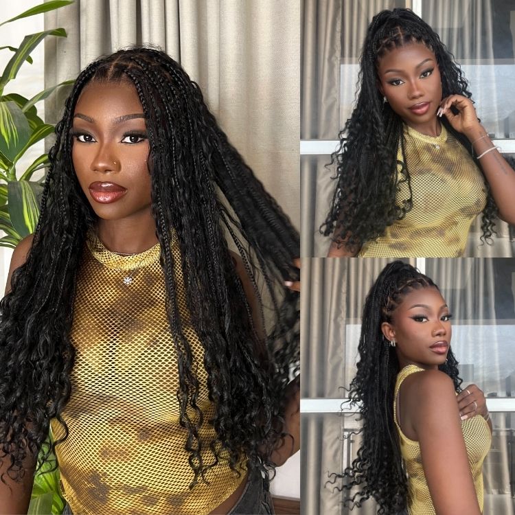 Special Deal | Light Weight Flexi-Fit Invisi Drawstring Cap Full Lace Knotless Boho Curls Braided Long Wig Super Natural Scalp