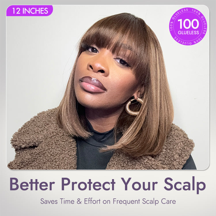 Ash Blonde Highlights with Dark Brown Base Yaki Blunt Cut Bob Wig with Bangs Glueless Minimalist Lace Short Wig