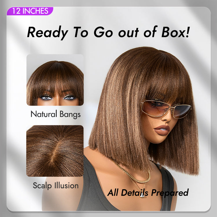 Ash Blonde Highlights with Dark Brown Base Yaki Blunt Cut Bob Wig with Bangs Glueless Minimalist Lace Short Wig