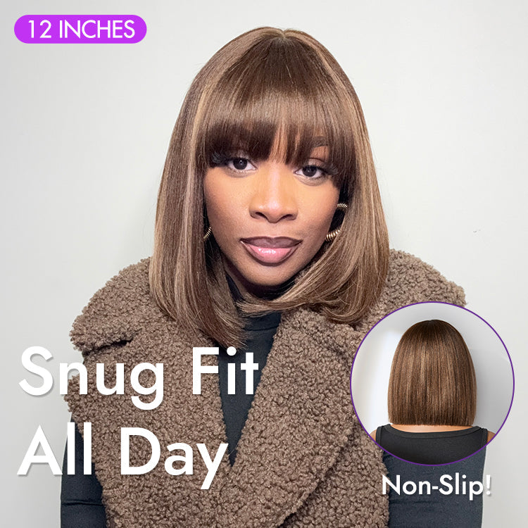 Ash Blonde Highlights with Dark Brown Base Yaki Blunt Cut Bob Wig with Bangs Glueless Minimalist Lace Short Wig