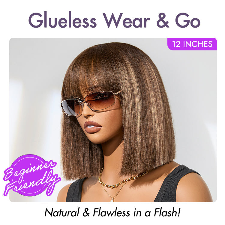 Ash Blonde Highlights with Dark Brown Base Yaki Blunt Cut Bob Wig with Bangs Glueless Minimalist Lace Short Wig