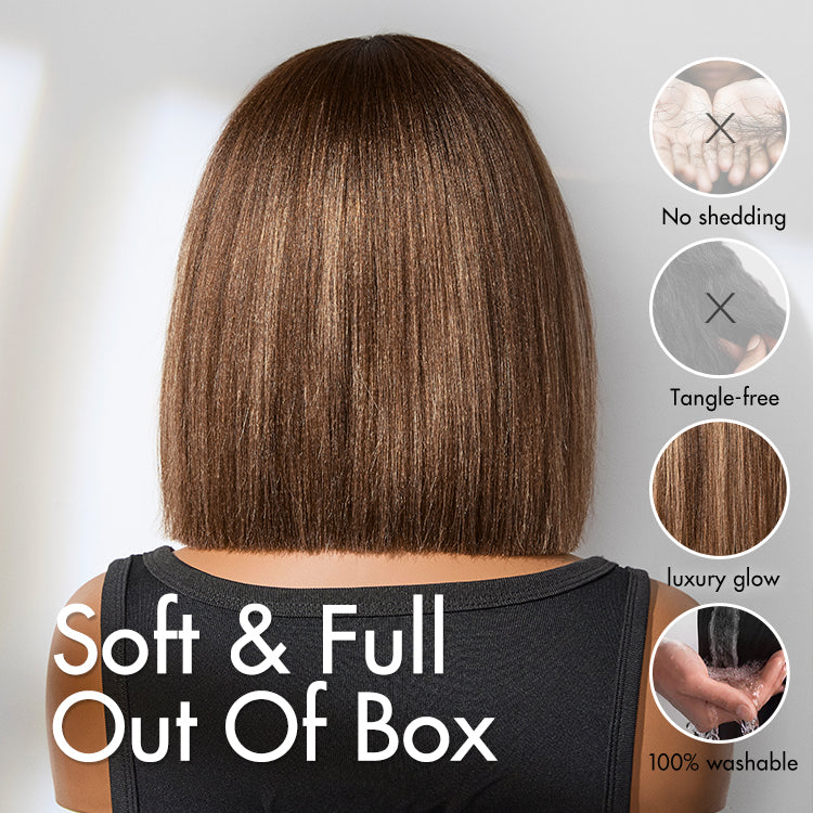 Ash Blonde Highlights with Dark Brown Base Yaki Blunt Cut Bob Wig with Bangs Glueless Minimalist Lace Short Wig