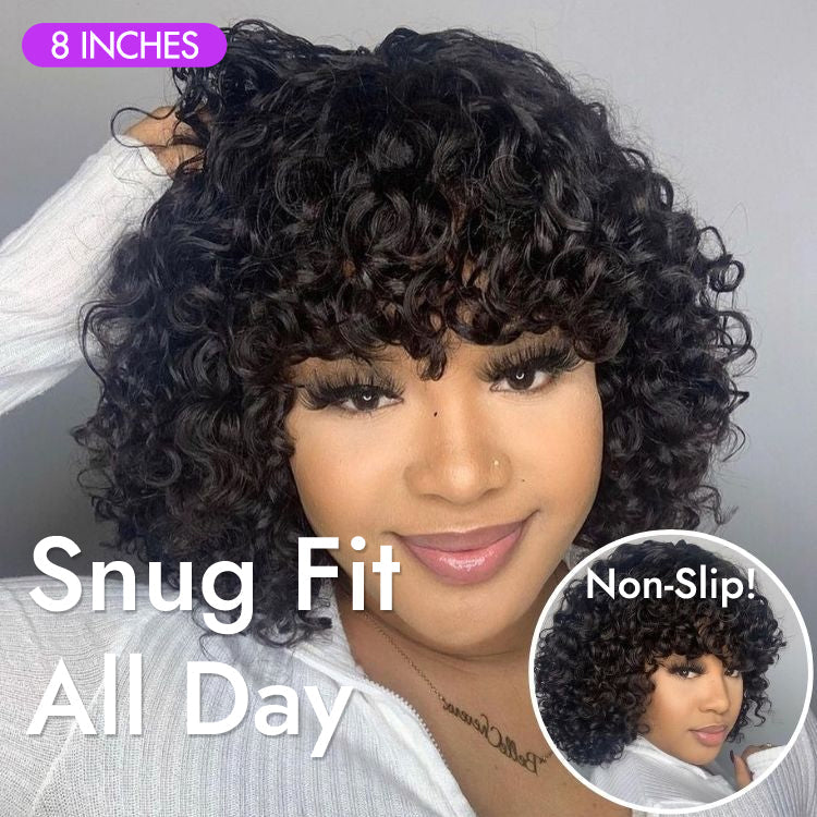 Light Weight Short Cut Water Wave Glueless Minimalist Lace Wig with Curly Bangs - US Only
