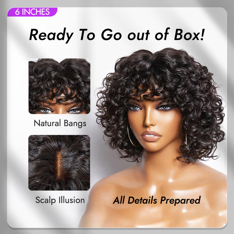 Light Weight Short Cut Water Wave Glueless Minimalist Lace Wig with Curly Bangs - US Only