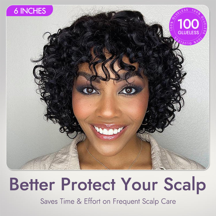 Light Weight Short Cut Water Wave Glueless Minimalist Lace Wig with Curly Bangs - US Only