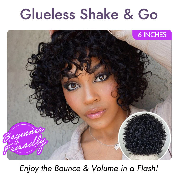 Light Weight Short Cut Water Wave Glueless Minimalist Lace Wig with Curly Bangs - US Only