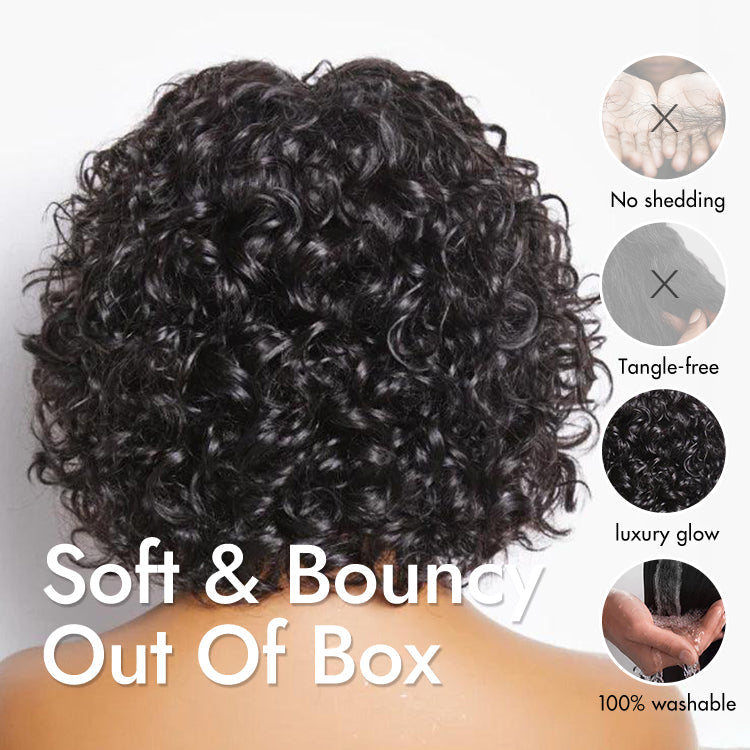 Light Weight Short Cut Water Wave Glueless Minimalist Lace Wig with Curly Bangs - US Only