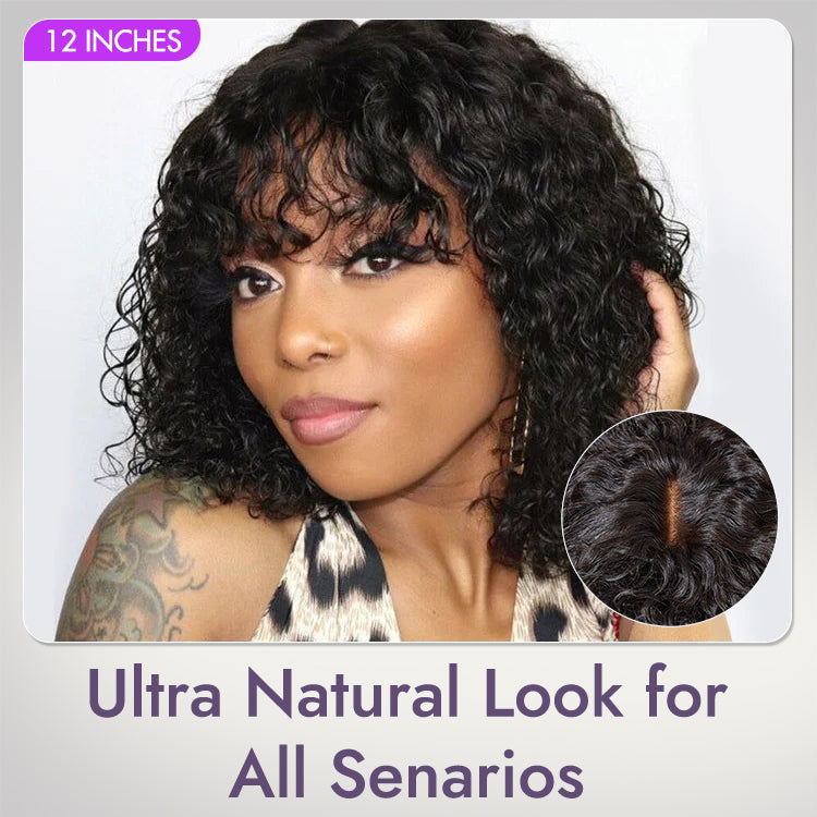 1 SEC INSTALL WIG | Brown Highlight / Natural Black Water Wave Natural Scalp Glueless Minimalist Lace Short Curly Wig with Bangs