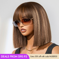 New Customers Only | Ash Blonde Highlights Yaki Blunt Cut Bob Wig with Bangs Glueless Minimalist Lace Short Wig Breathable Cap