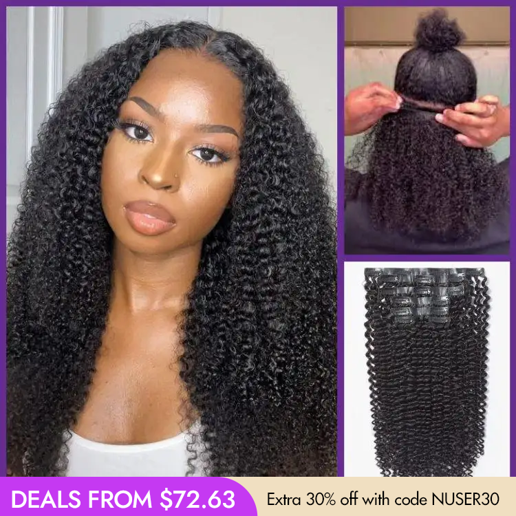 New Customers Only | Kinky Curly Seamless Clip in Extensions Human Hair with Free Gift