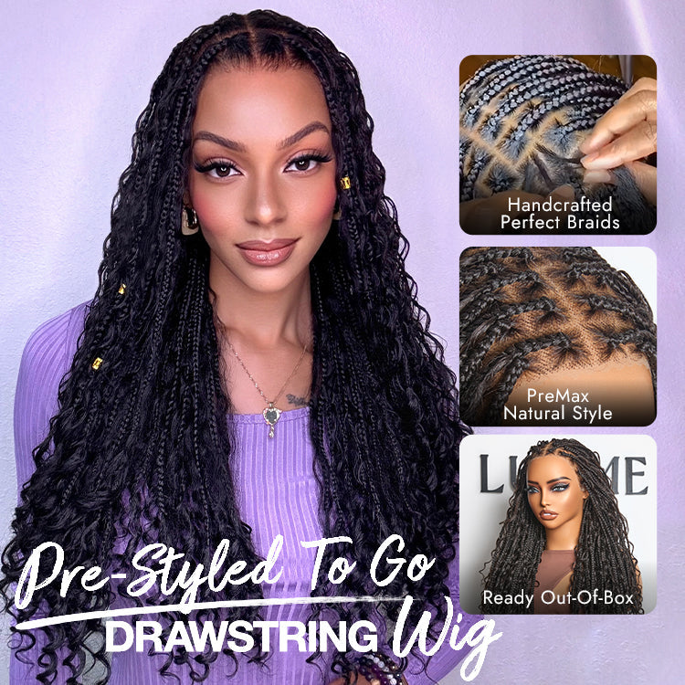 Special Offer | Flexi-Fit Invisi Drawstring Cap Full Lace Knotless Boho Curls Braided Long Wig Super Natural Scalp