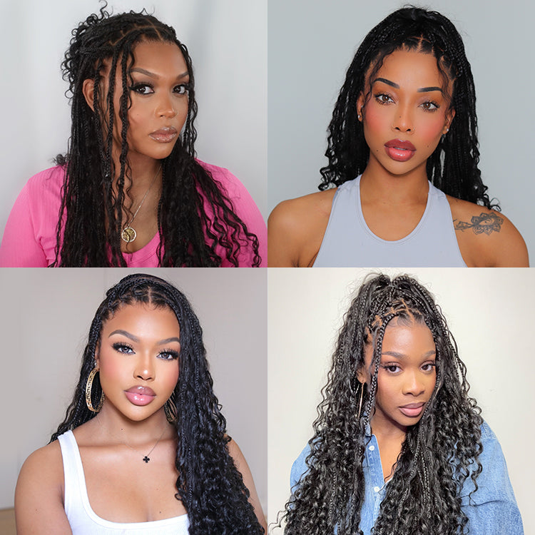 New Customers Only | Light Weight Flexi-Fit Invisi Drawstring Cap Full Lace Knotless Boho Curls Braided Long Wig Super Natural Scalp