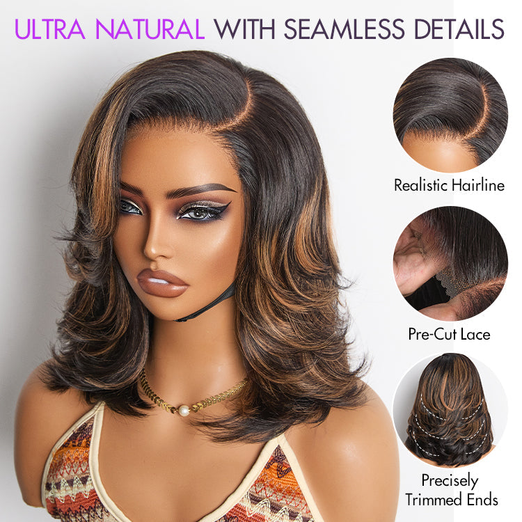Brown Highlight Layered Wavy Butterfly Haircut Glueless Minimalist HD Lace Wig Pre-Cut Lace
