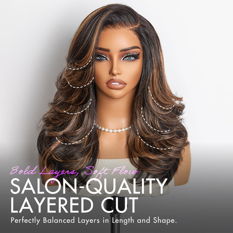 Brown Highlight Layered Wavy Butterfly Haircut Glueless Minimalist HD Lace Wig Pre-Cut Lace