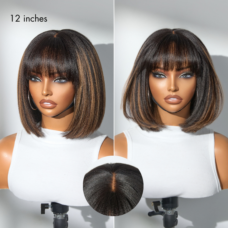 Exclusive Discount | Put On and Go Realistic Glueless Yaki Straight Bob With Bangs Minimalist Lace Wig 100% Human Hair