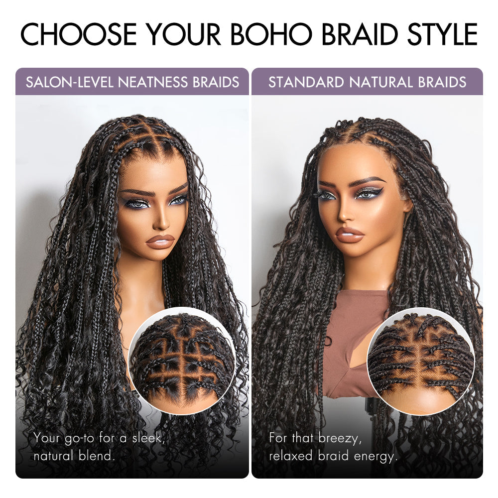 Special Deal | Light Weight Flexi-Fit Invisi Drawstring Cap Full Lace Knotless Boho Curls Braided Long Wig Super Natural Scalp