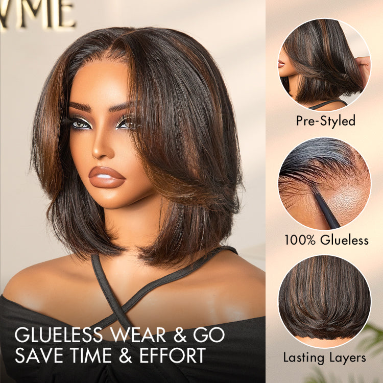 Brown Highlight Silky Short Bob Wig Layered Cut Human Hair Glueless 5x5 Closure Pre-Cut Lace Wig