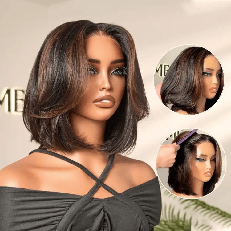New Customers Only | Blonde Highlight / Brown Highlight Short Layered Bob Wig Glueless 5x5 Closure Pre-Cut Lace Wig
