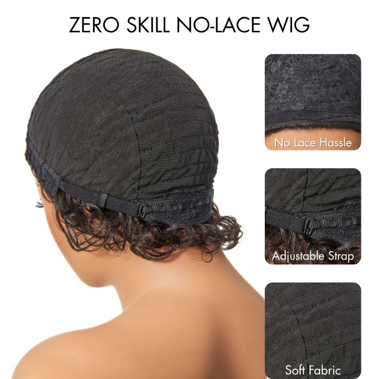 Throw On & Go Brown Highlight / Natural Black Short Bouncy Curls with Bangs Glueless Wig 100% Human Hair - US Only