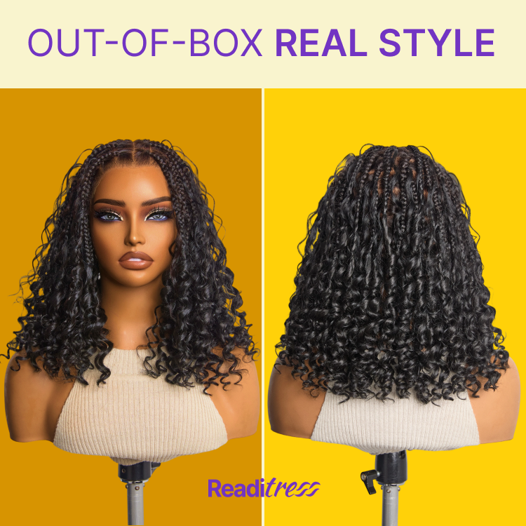New Customers Only | HD Full Lace Knotless Boho Curls Braided Bob Wig Flexi Fit Invisi Drawstring Cap