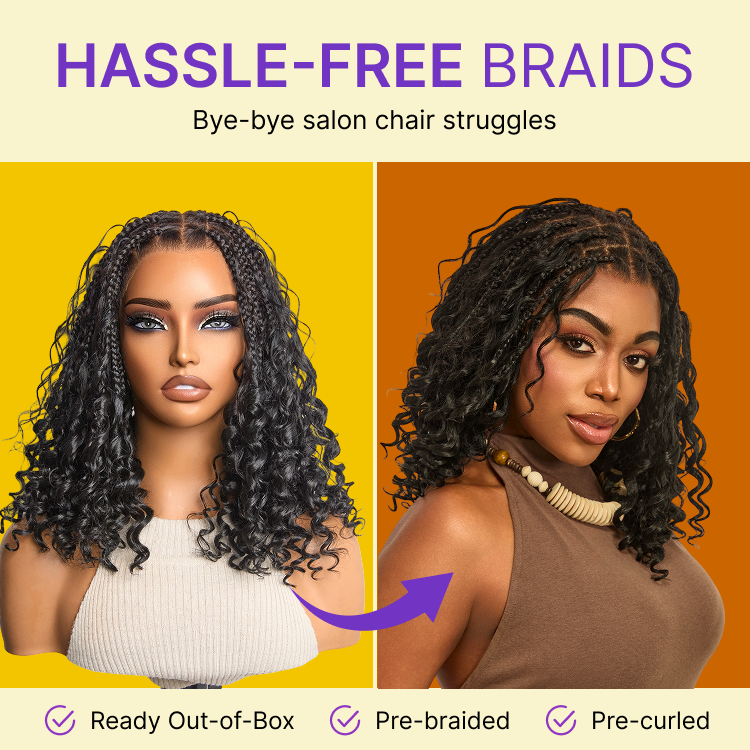 New Customers Only | HD Full Lace Knotless Boho Curls Braided Bob Wig Flexi Fit Invisi Drawstring Cap