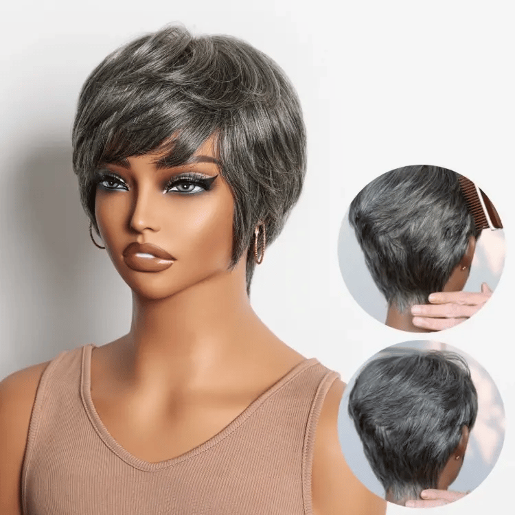 New Customers Only | Throw On & Go Salt & Pepper Short Pixie Cut Glueless Wig with Bangs 100% Human Hair Ultra Comfort Cotton Cap Hair Loss Friendly
