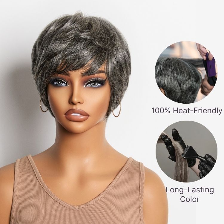 New Customers Only | Throw On & Go Salt & Pepper Short Pixie Cut Glueless Wig with Bangs 100% Human Hair Ultra Comfort Cotton Cap Hair Loss Friendly