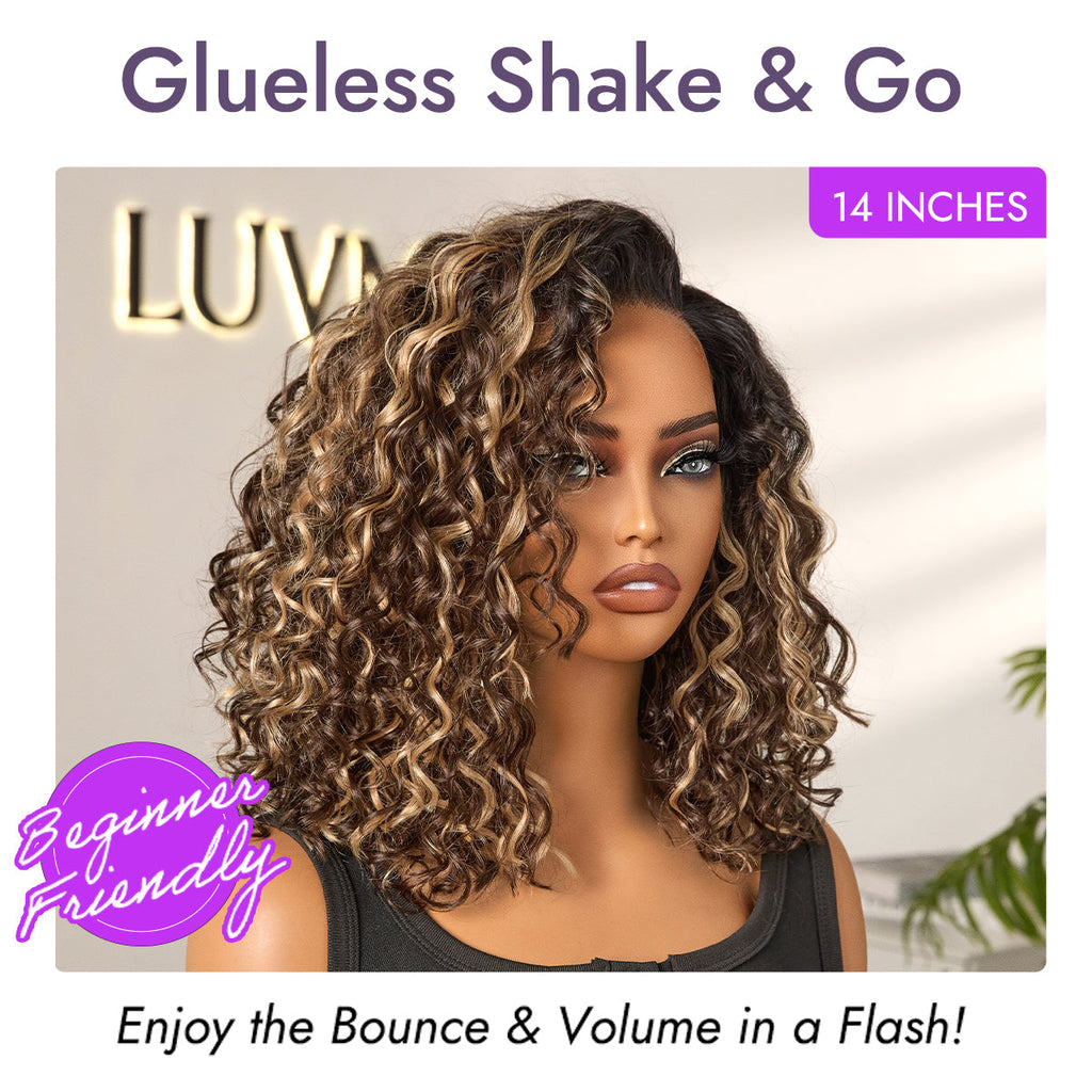 New Customers Only | Ready to Go Blonde Highlight / Natural Black  / Ombre Brown Water Wave Short Curly Bob Wig Glueless Minimalist HD Lace Wig Pre-Cut Lace