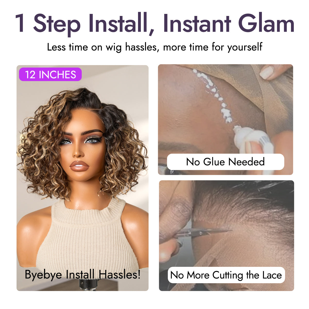 New Customers Only | Ready to Go Blonde Highlight / Natural Black  / Ombre Brown Water Wave Short Curly Bob Wig Glueless Minimalist HD Lace Wig Pre-Cut Lace