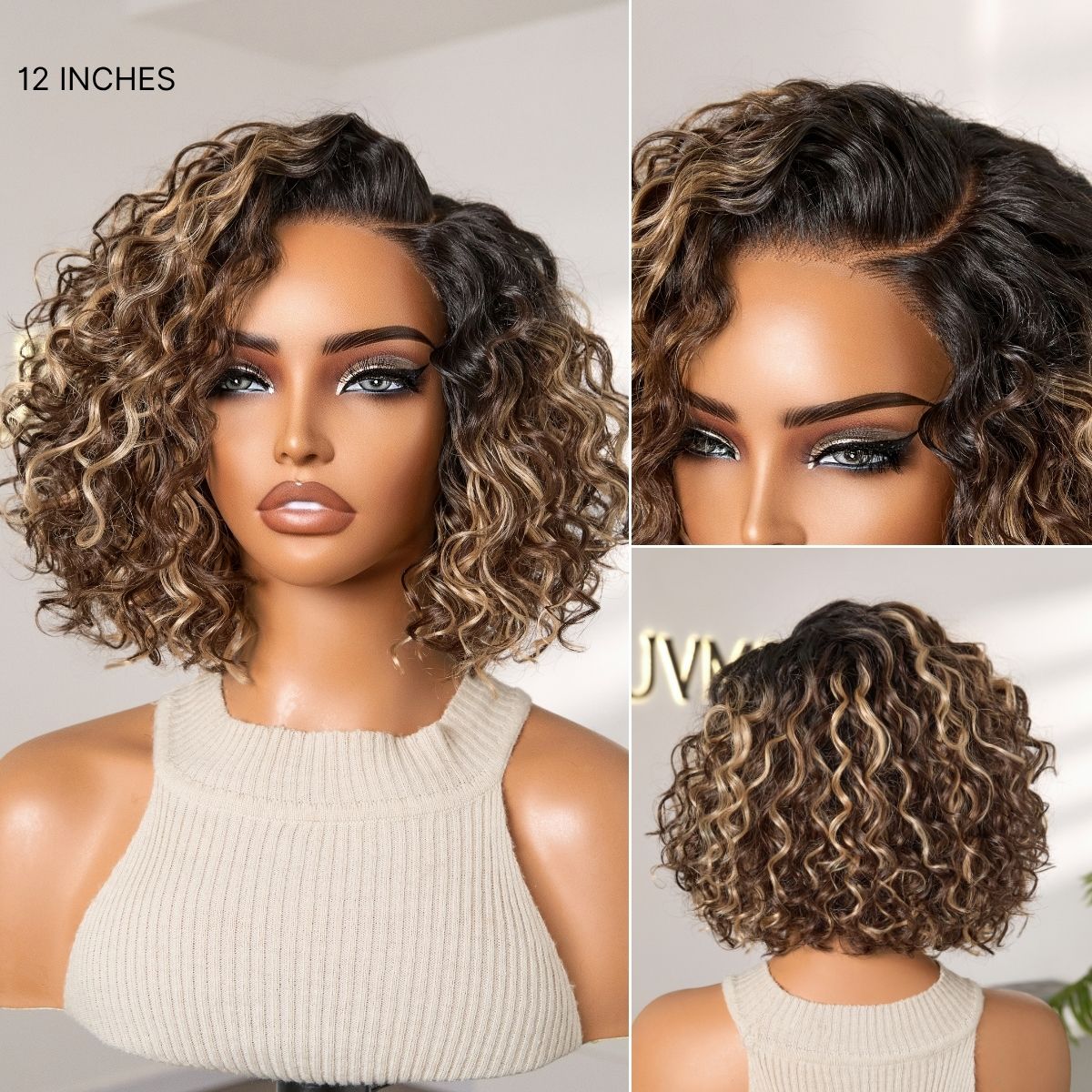New Customers Only | Ready to Go Blonde Highlight / Natural Black  / Ombre Brown Water Wave Short Curly Bob Wig Glueless Minimalist HD Lace Wig Pre-Cut Lace